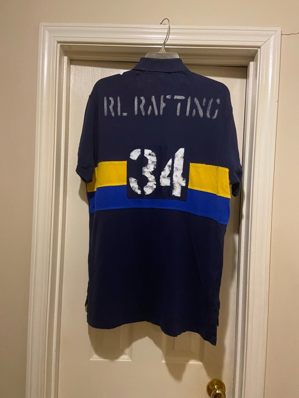 Ralph Lauren Navy Polo with Yellow & Blue Stripes and Green Patch - Picture 2 of 7